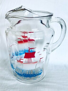 Vintage Hazel Atlas Glass 1950s Pitcher Sailboat Lighthouse Jug Ice Lip Schooner